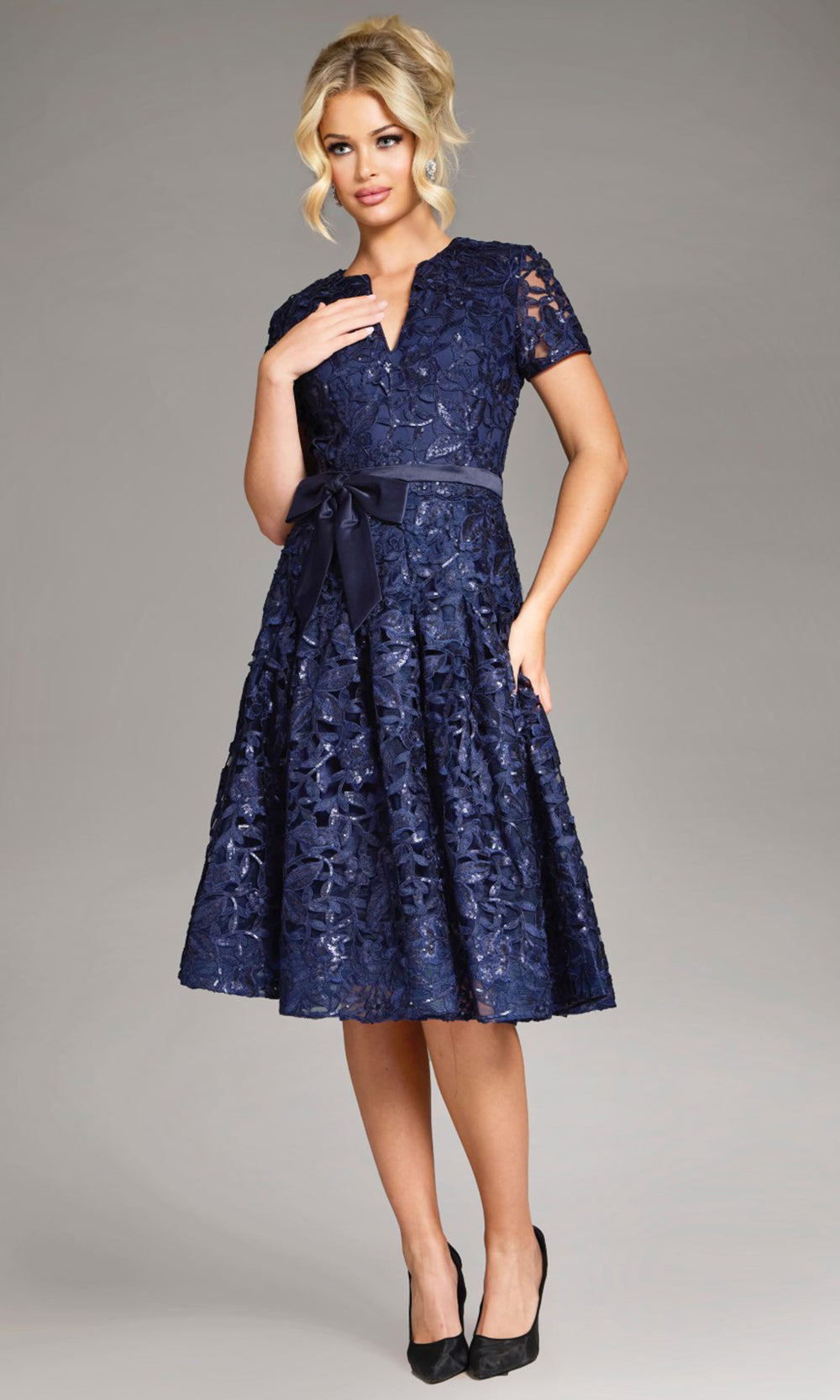 Jovani 39427 - Sequin Lace Tea-length A-Line Dress