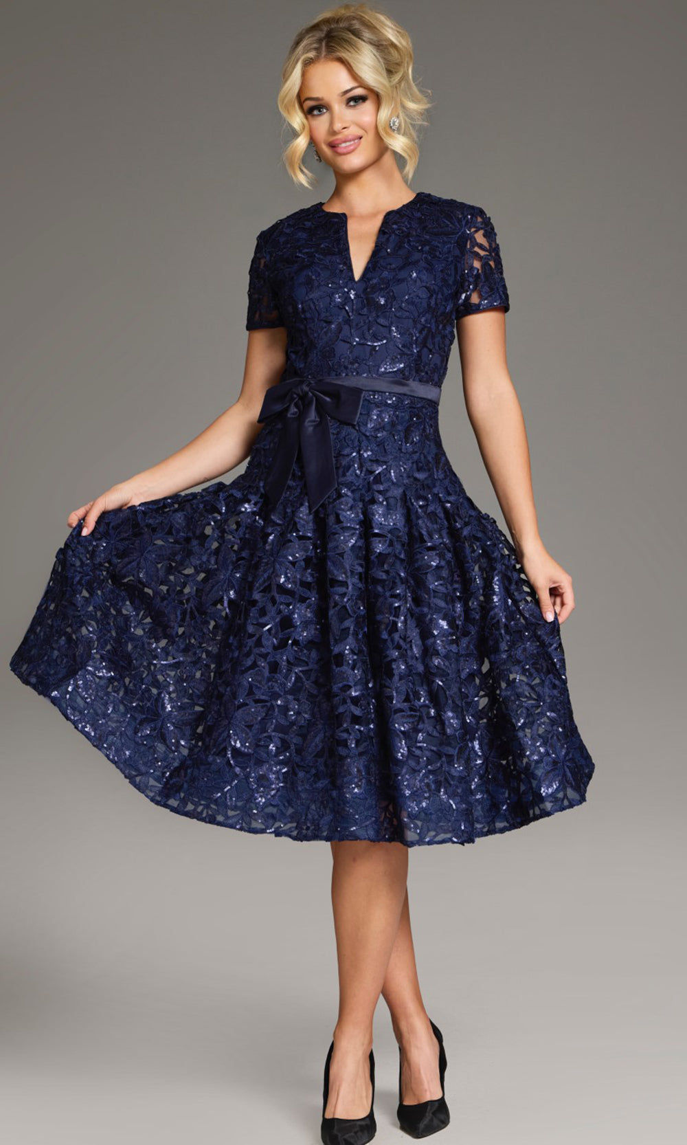 Jovani 39427 - Sequin Lace Tea-length A-Line Dress