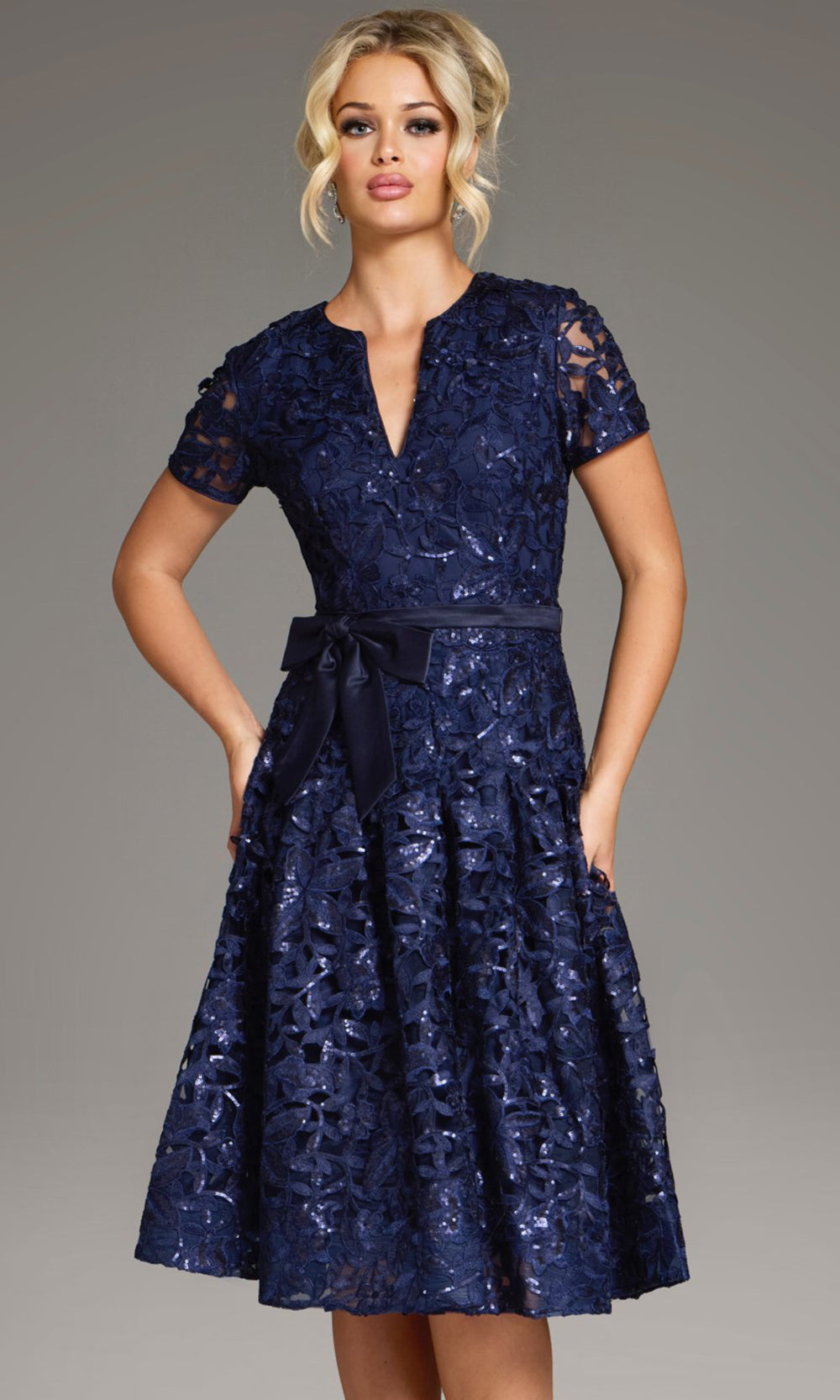 Jovani 39427 - Sequin Lace Tea-length A-Line Dress