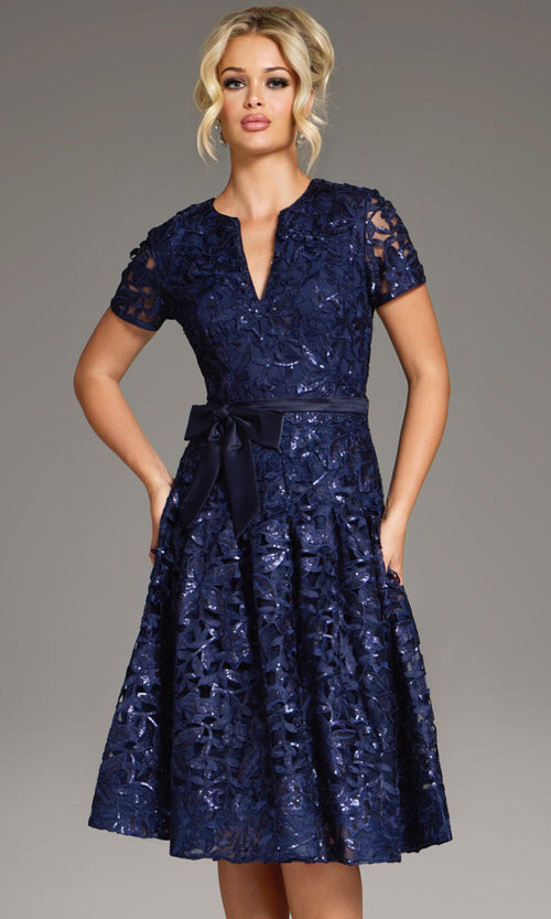 Jovani 39427 - Sequin Lace Tea-length A-Line Dress