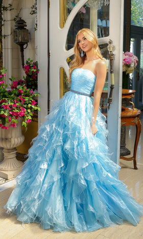 Ava Presley 39555 Strapless A-Line Prom Ball Gown with Ruffles and Feathers