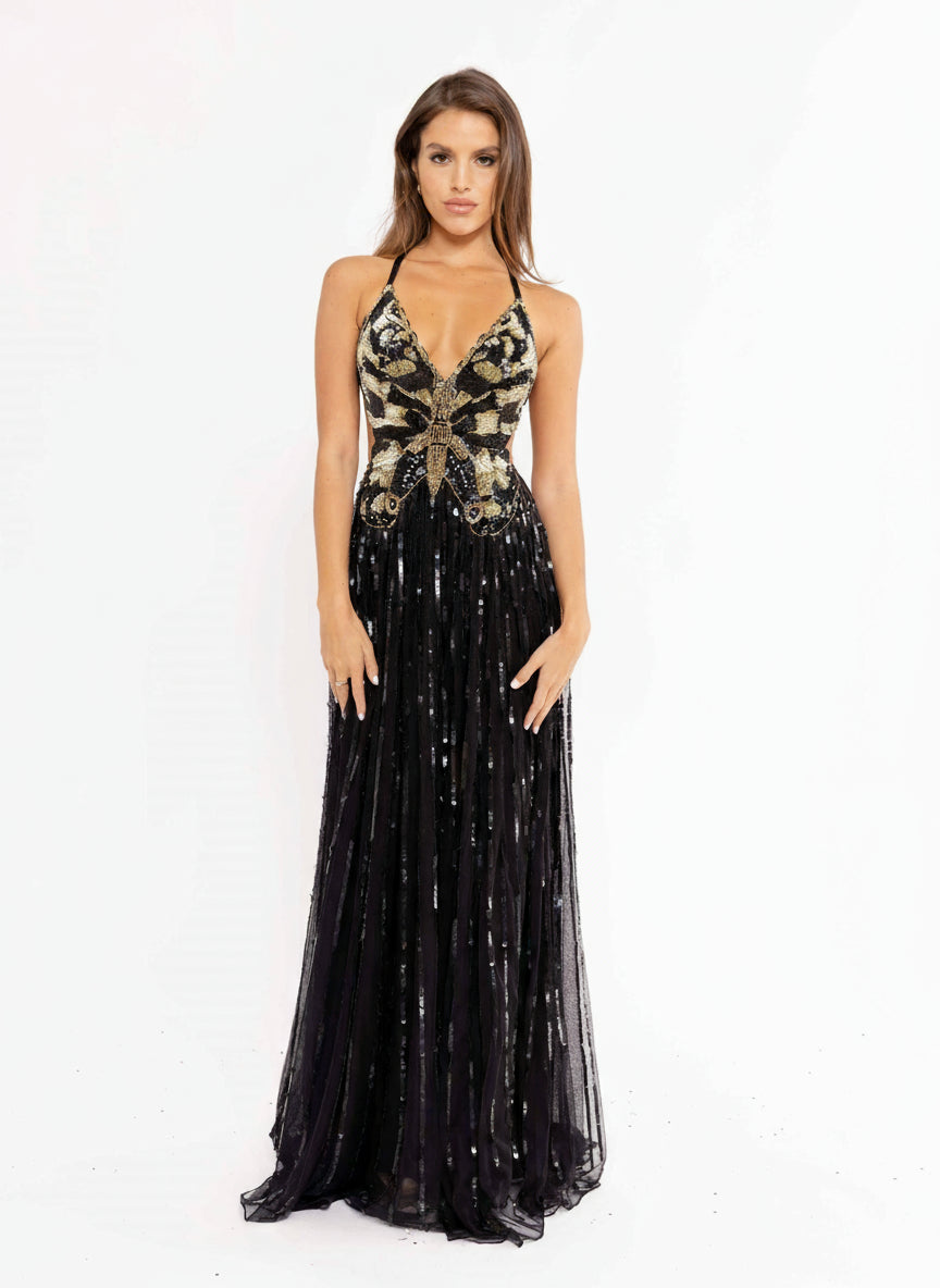 Prom Dresses Sequins Long Prom Butterfly Pattern Dress Black