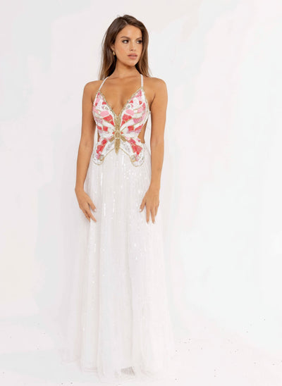Prom Dresses Sequins Long Prom Butterfly Pattern Dress Ivory