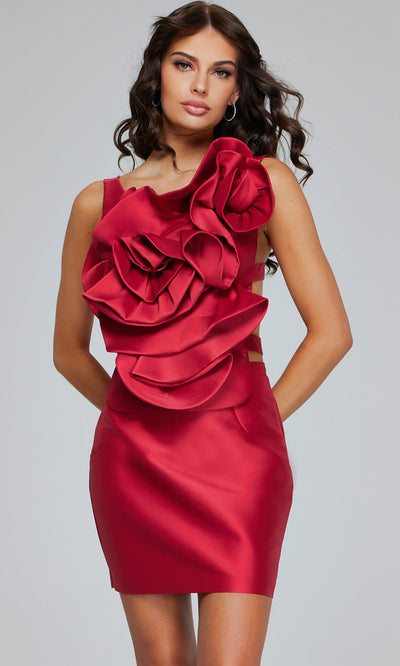 Asymmetric Neck Sculpted Dress with 3D Florals by Jovani