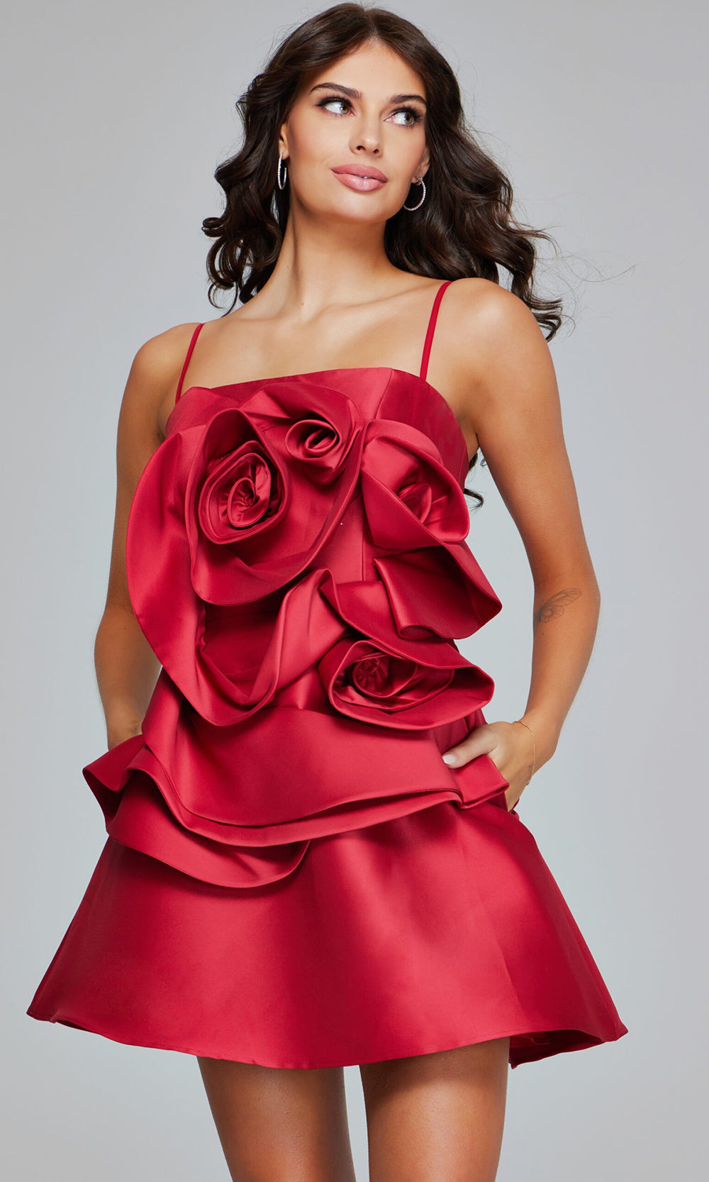 Ruffled Floral Satin Mini Dress in Black by Jovani