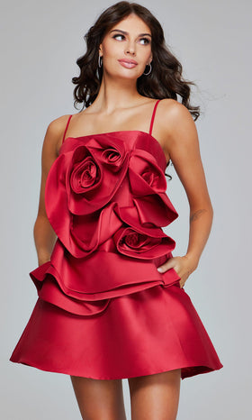 Ruffled Floral Satin Mini Dress in Black by Jovani 39750