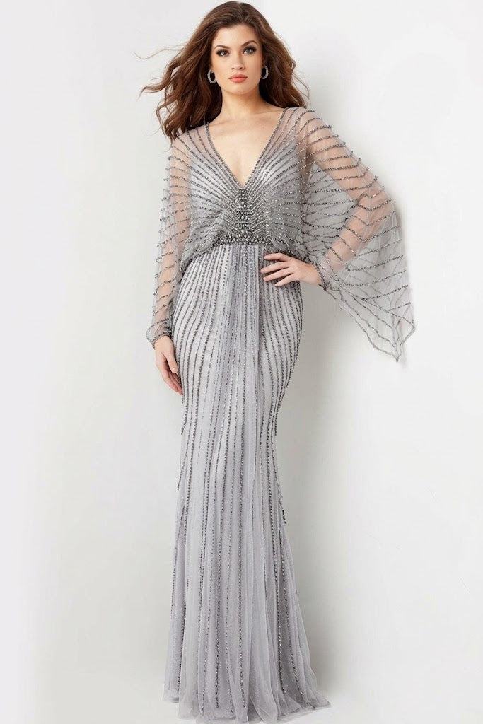 Beaded V-Neck Gown with Batwing Sleeves By Jovani 36744
