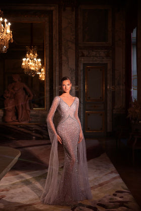 Chic and Holland HF110682 V-Neck Long Sleeve Beaded Sheath Evening Gown