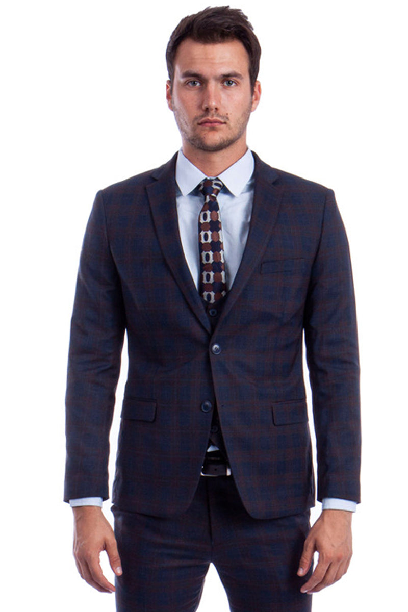 Traje ajustado de dos botones con chaleco de corte bajo para hombre en cuadros azules y marrones