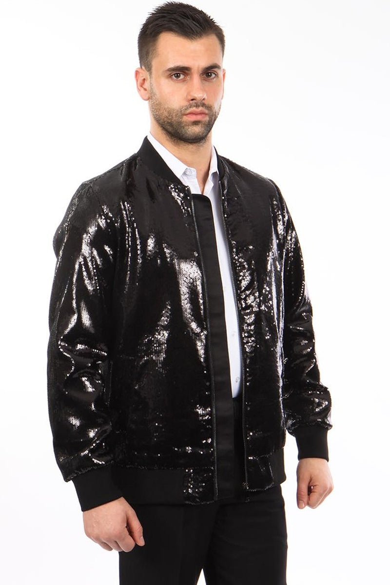 Chaqueta bomber con lentejuelas brillantes para hombre en negro