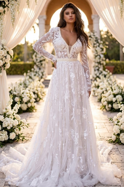 Primavera Couture 11111 Long Sleeve A-Line Wedding Dress
