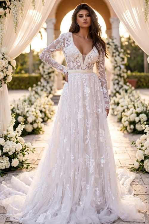 Primavera Couture 11111 Long Sleeve A-Line Wedding Dress