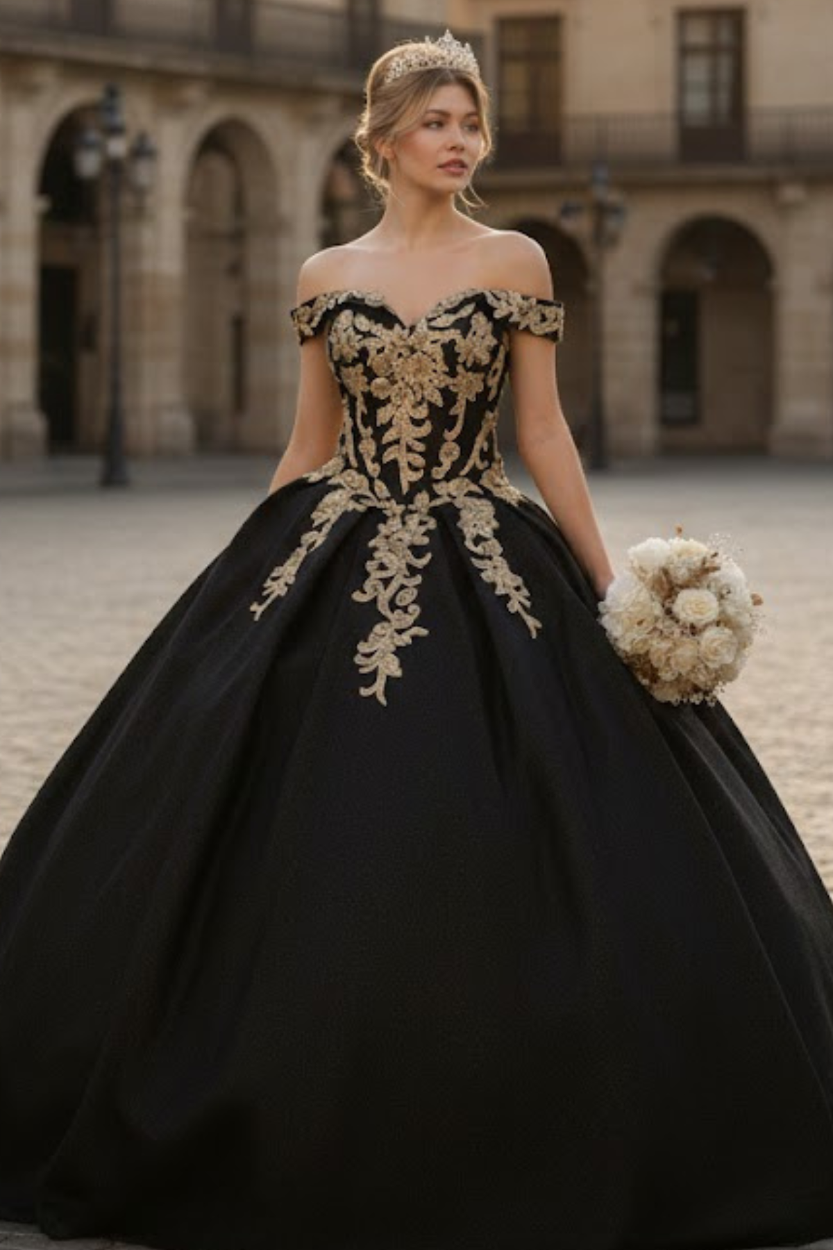 Black And Gold Quinceanera Dresses Floral Ball Gown
