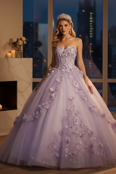 Strapless Sweetheart Floral Applique Ball Gown