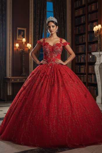 Cold Shoulder 3D Floral Applique Quince Ball Gown