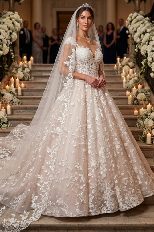 A-Line Wedding Dress with Cap Sleeves & Illusion Boat Neckline