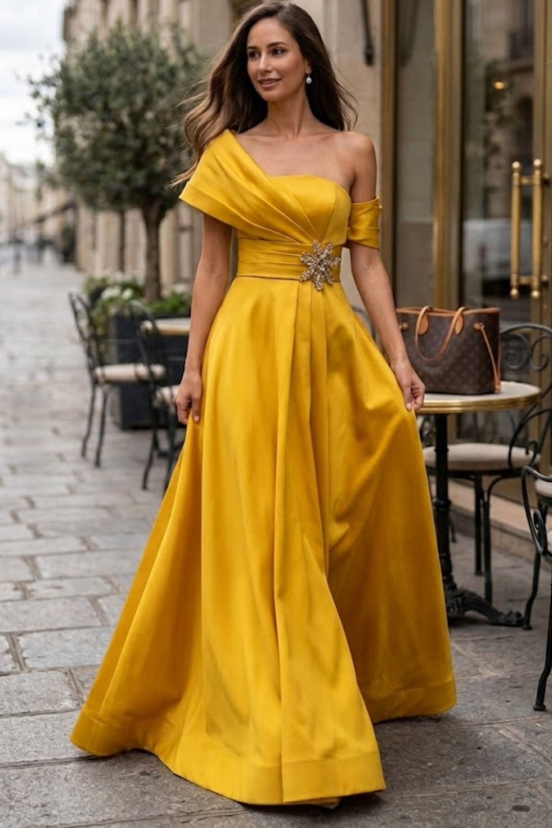 Terani Couture 251M4441 Glamorous Formal One-Shoulder A-Line Long Evening Satin Dress
