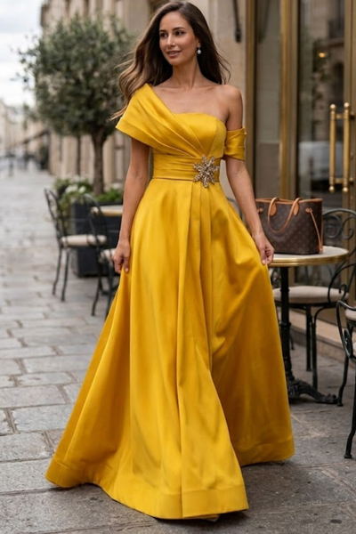 Terani Couture 251M4441 Glamorous Formal One-Shoulder A-Line Long Evening Satin Dress