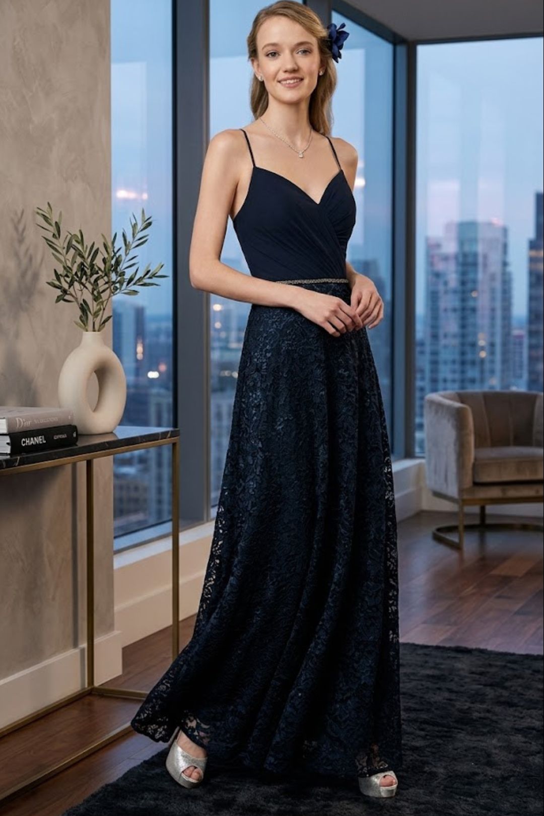 Long Pleated Lace Dress by Elizabeth KGL2667