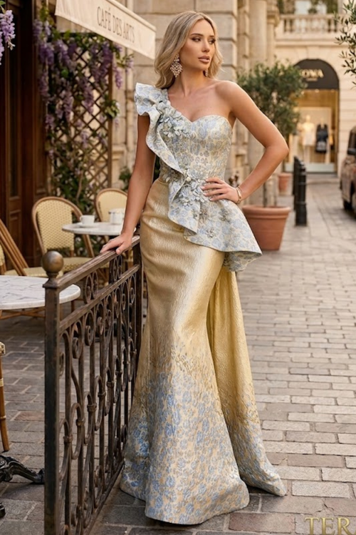 Clearance Terani Couture 241E2402 Elegant Sophisticated Evening Prom Long Formal Jacquard Dress