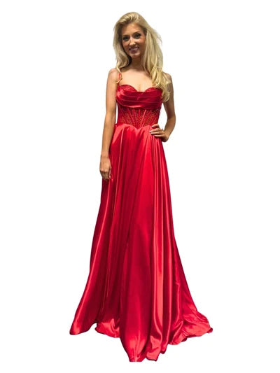 Sleeveless Beaded Corset Bodice Prom Dress High Slit & Pockets Evening Gown by Trevi L2861L