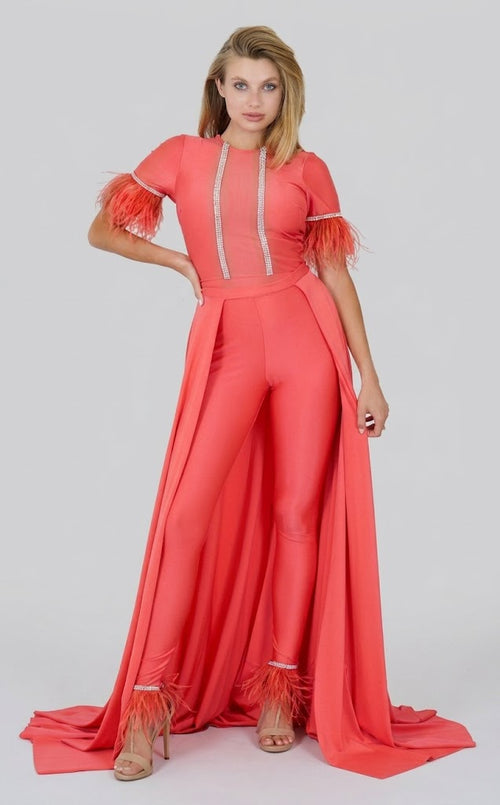 Feather Short Sleeve Convertible Formal Jumpsuit with Overskirt by Jessica Angel 917