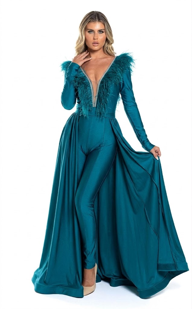 Feather Trim Long Sleeve Jumpsuit Gown with Deep V-Neck & Flowing Overskirt by Jessica Angel 864