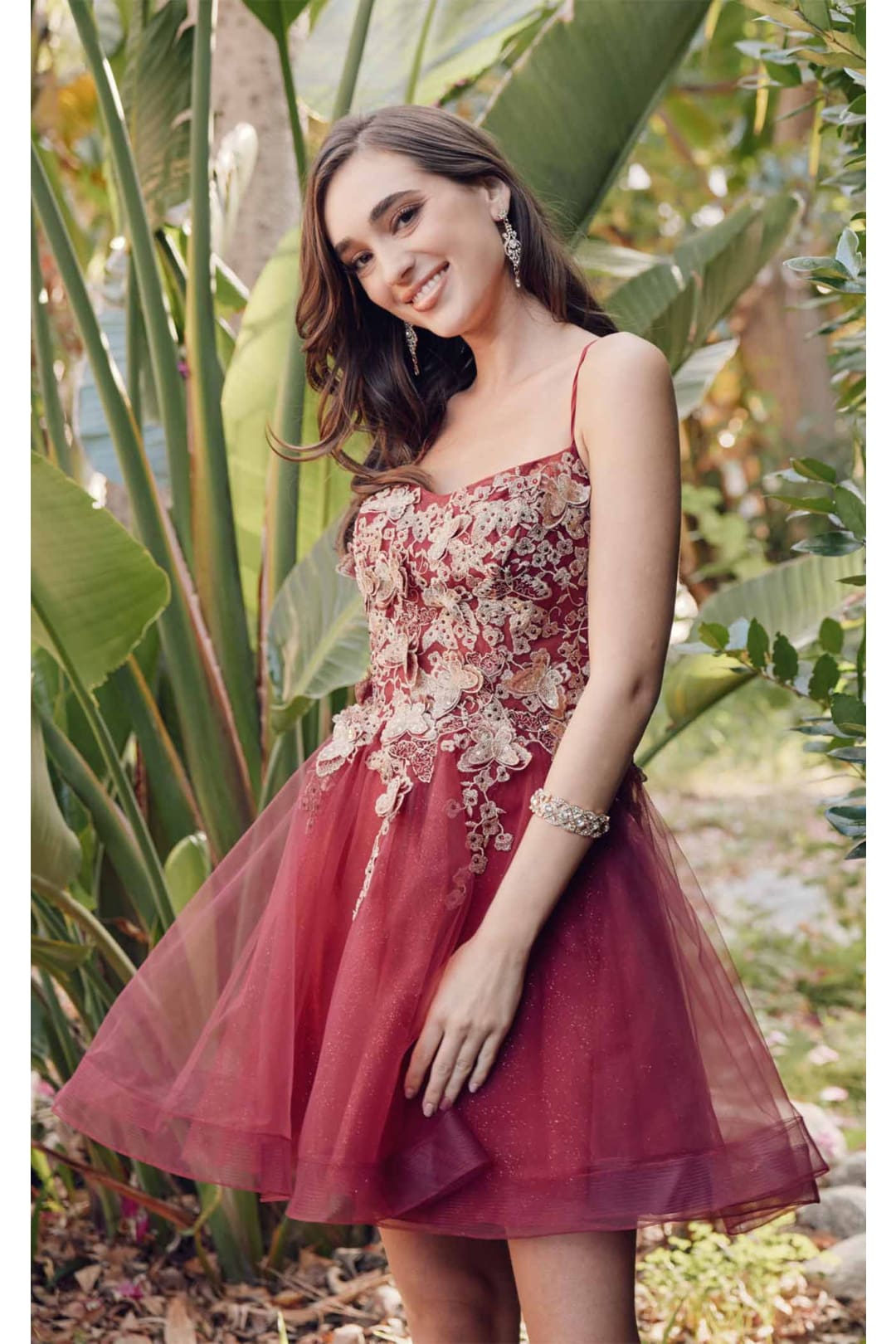 3D Butterfly Applique Short A-Line Dress by Juliet 902 Burgundy / M