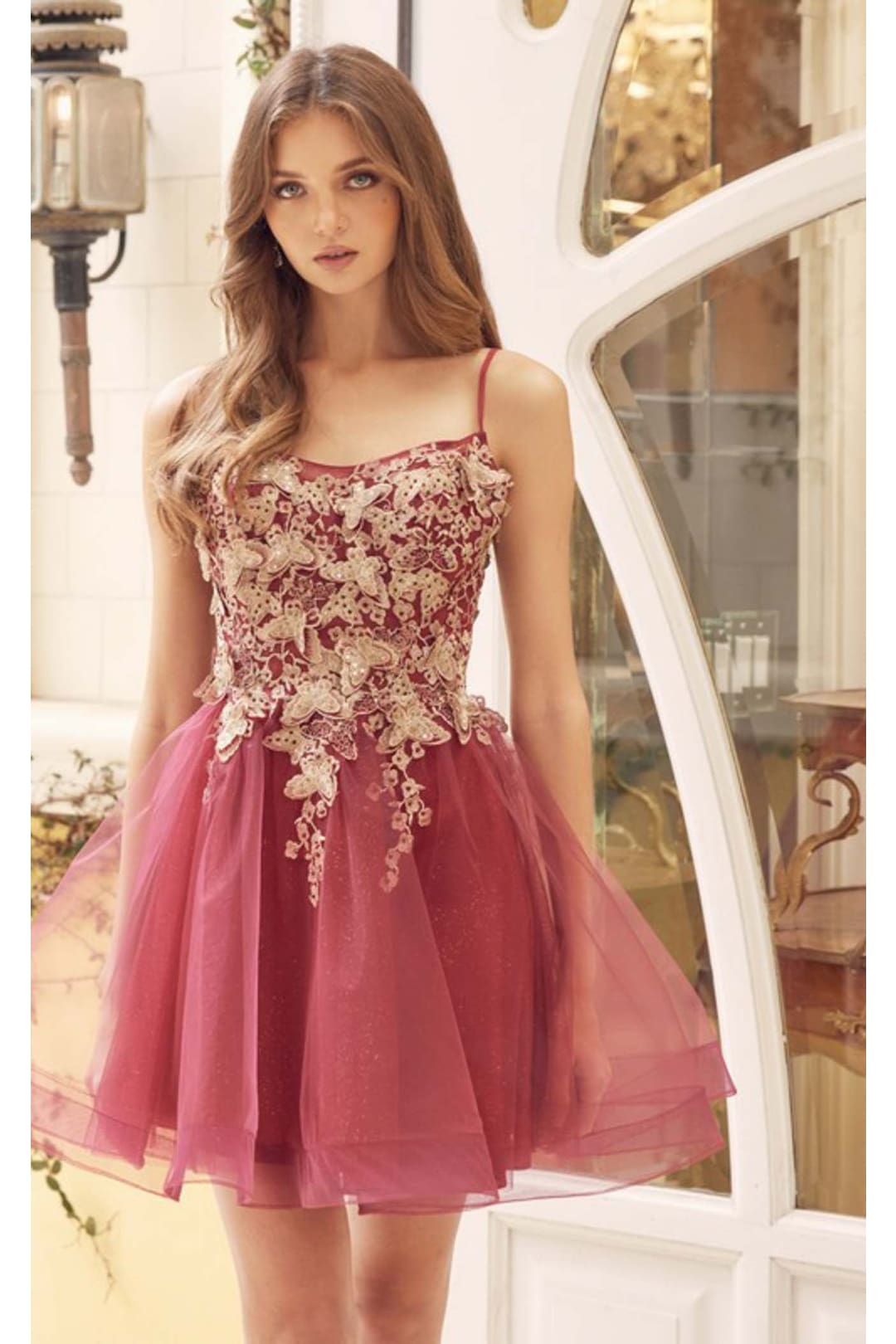 3D Butterfly Applique Short A-Line Dress by Juliet 902 Burgundy / M 3D Butterfly Applique Short A-Line Dress by Juliet 902 Burgundy / M