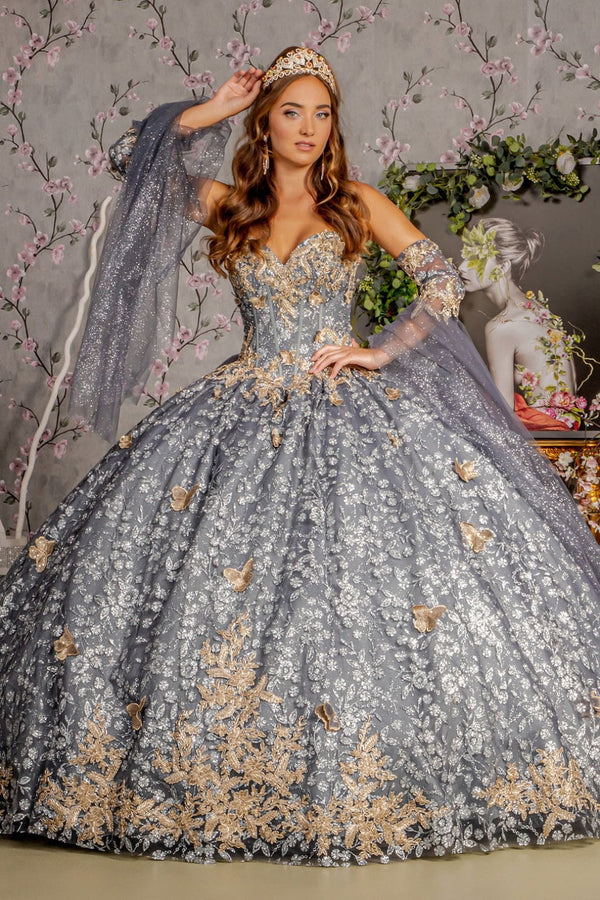 3D Butterfly Bell Sleeve Ball Gown by GLS Gloria GL3318 - XS / Gray - Quinceanera Dresses