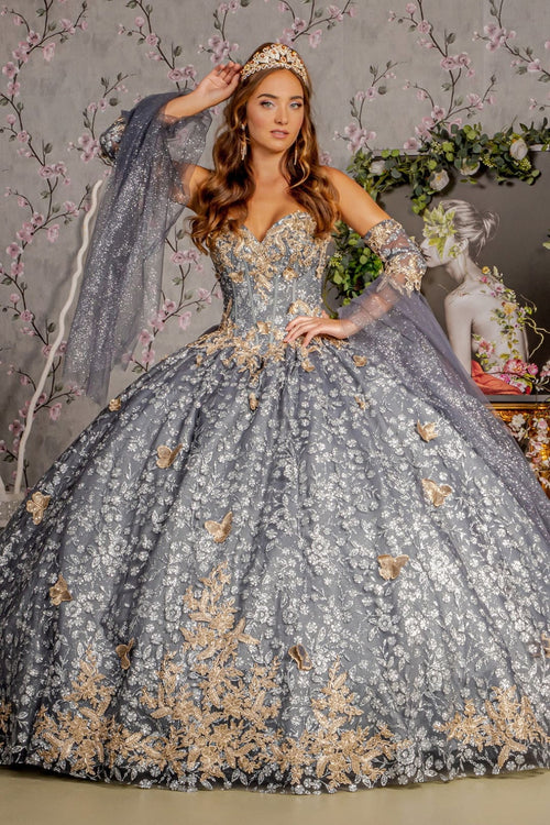 3D Butterfly Bell Sleeve Ball Gown by GLS Gloria GL3318 - XS / Gray - Quinceanera Dresses