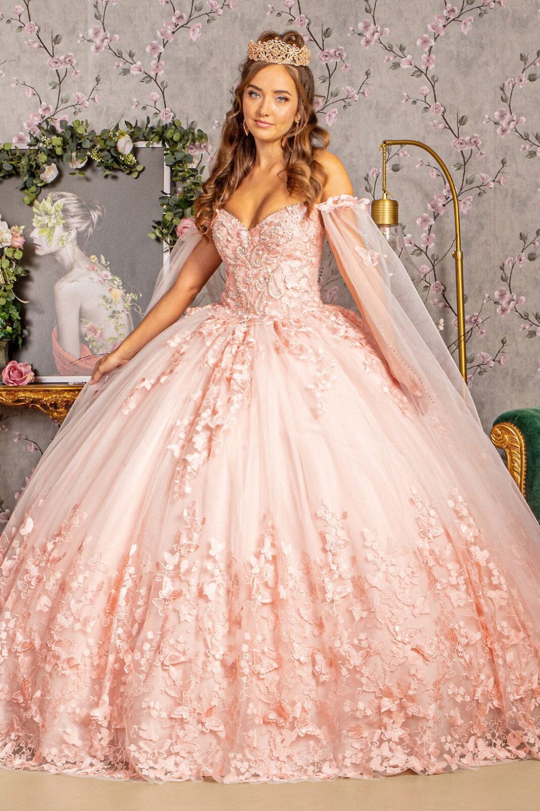 3D Butterfly Cape Sleeve Ball Gown by Elizabeth K GL3110 - XS / Blush - Quinceanera Dresses