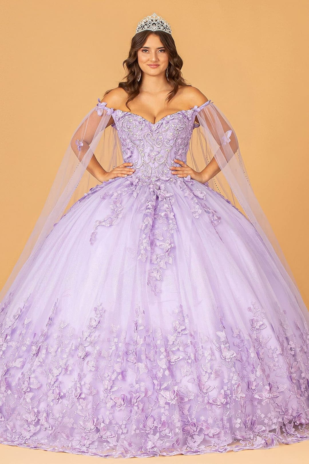 3D Butterfly Cape Sleeve Ball Gown by Elizabeth K GL3110 - XS / Lilac - Quinceanera Dresses