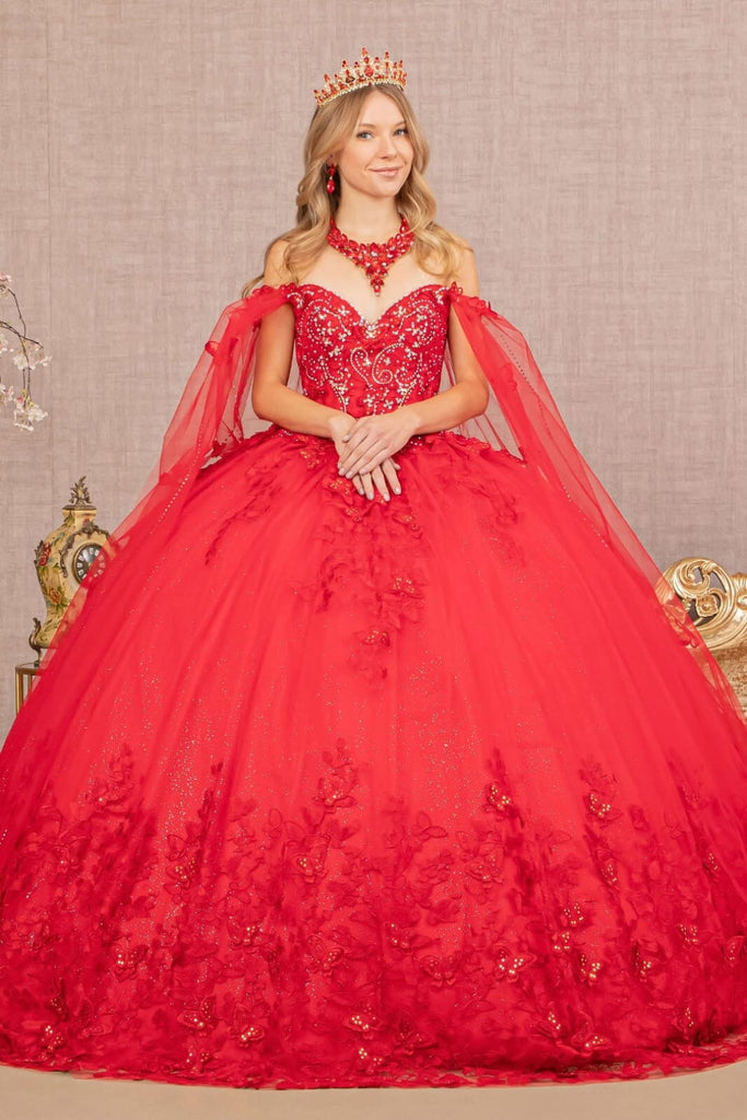 3D Butterfly Cape Sleeve Ball Gown by Elizabeth K GL3110 - XS / Red - Quinceanera Dresses