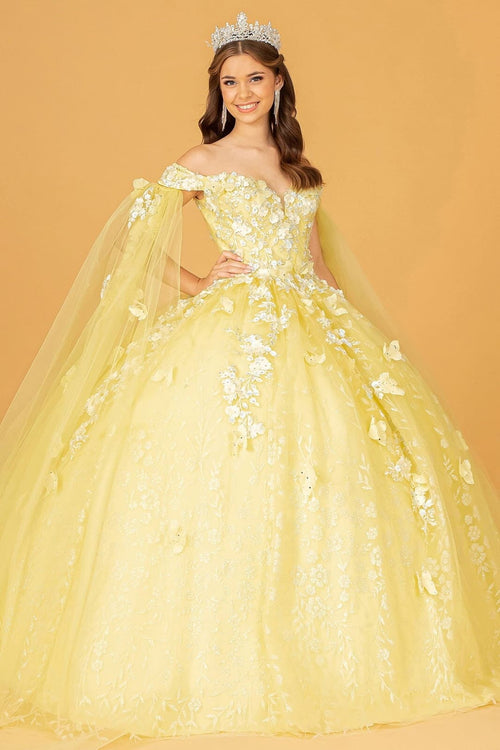 3D Butterfly Cape Sleeve Ball Gown by Elizabeth K GL3111 - XS / Yellow - Quinceanera Dresses