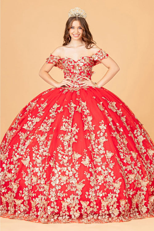 3D Butterfly Off Shoulder Ball Gown by Elizabeth K GL3077 - XS / Red - Quinceanera Dresses