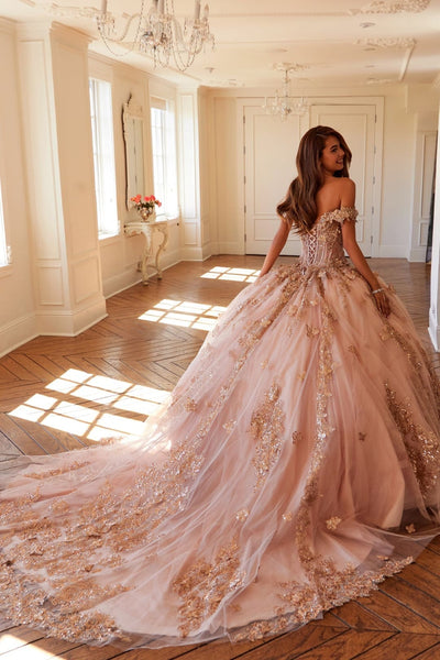 3D Butterfly Off Shoulder Ball Gown by Juliet JT1485J - Quinceanera Dresses