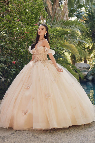 Juliet 1448J 3D Butterfly Appliqué Off Shoulder Glitter Tulle Corset Quinceanera Dress