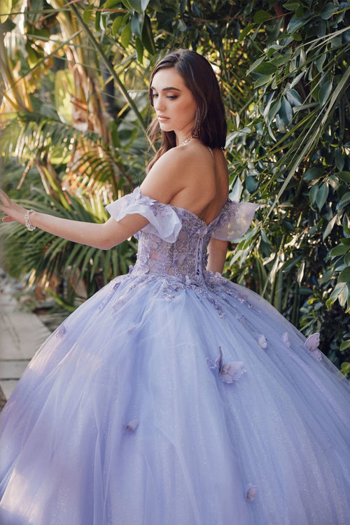 Juliet 1448J 3D Butterfly Appliqué Off Shoulder Glitter Tulle Corset Quinceanera Dress