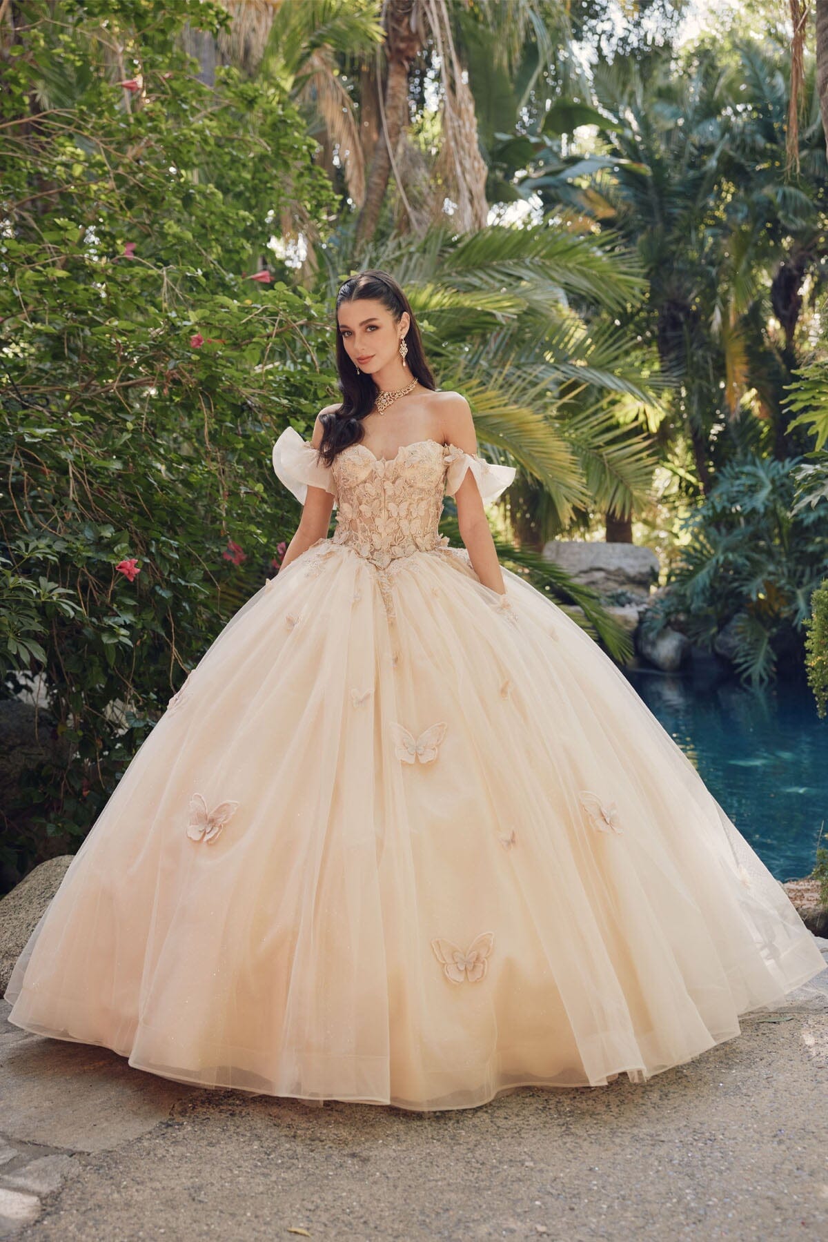 3D Butterfly Appliqué Off Shoulder Glitter Tulle Ball Gown 1448J by Juliet Champagne / XS