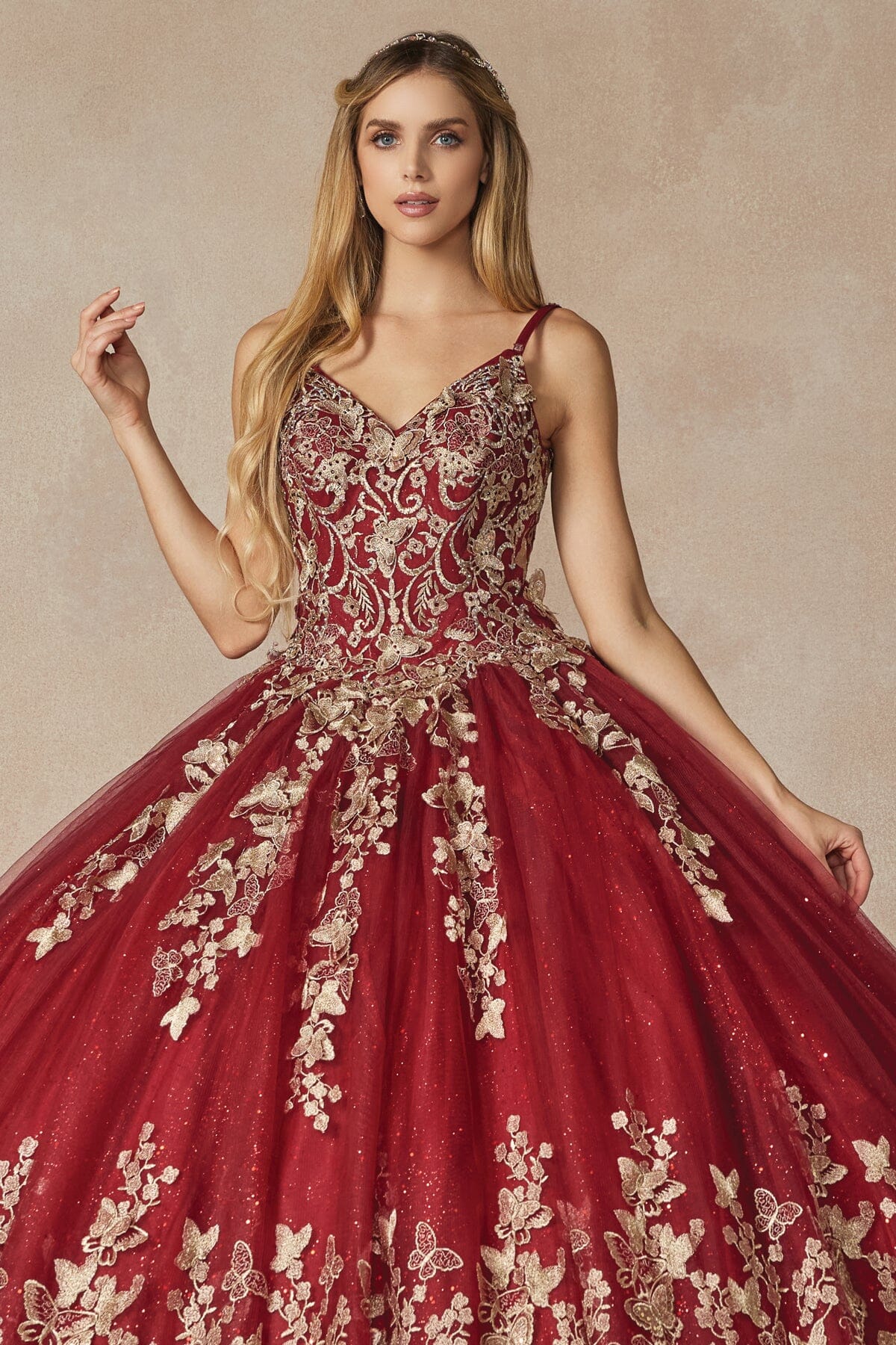 Juliet 1442 3D Butterfly Appliqué Glitter Tulle Sleeveless Quinceanera Dress