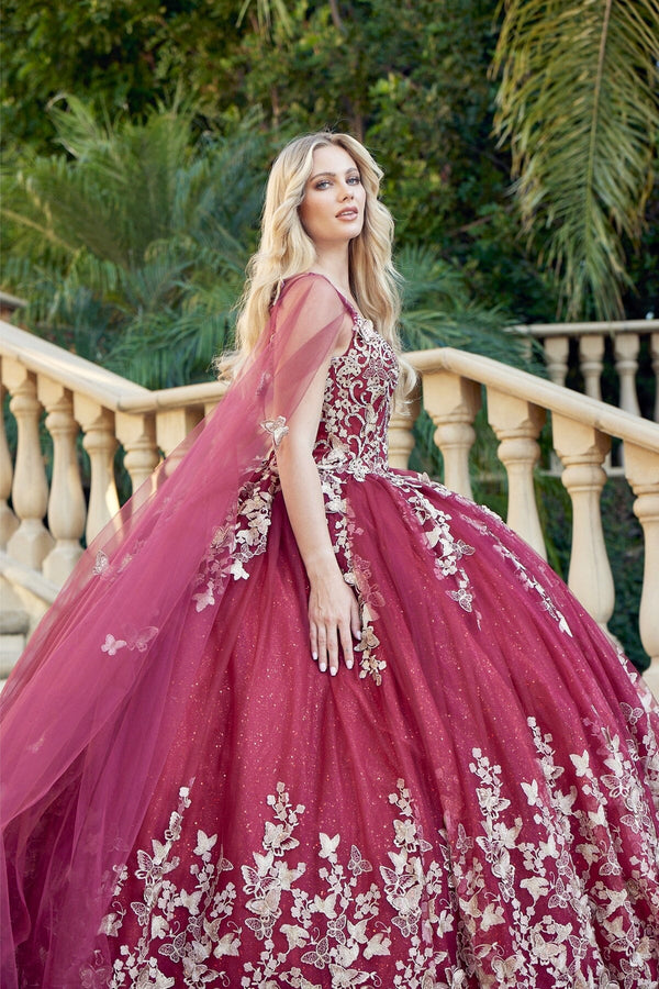 Juliet JLJT1442 Juliet 1442 3D Butterfly Appliqué Glitter Tulle Sleeveless Quinceanera Dress with A-Line Skirt and Sweetheart Neckline