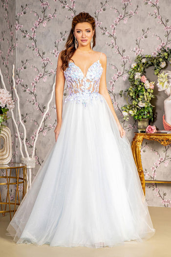 3D Butterfly Sleeveless Corset A-line Gown by GLS Gloria GL3265 - XS / Blue - Long Formal Dresses