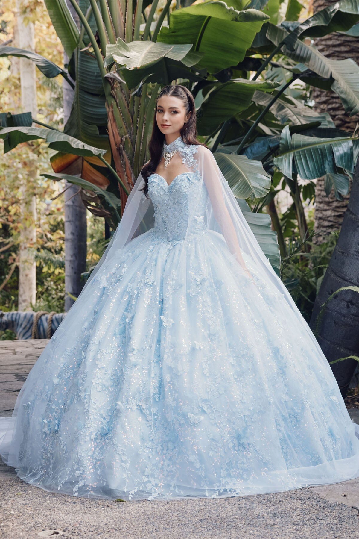 3D Butterfly Applique Glitter Tulle Strapless Gown 1449J by Juliet Bahama Blue / XS