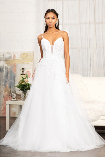 3D Floral A-line Wedding Dress by Elizabeth K GL3013 - S / White - Wedding Dresses