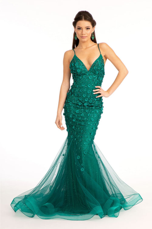 3D Floral Applique Mermaid Dress by Elizabeth K GL3000 - XS / Emerald Green - Long Formal Dresses
