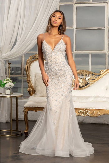 3D Floral Applique Mermaid Dress by Elizabeth K GL3000 - XS / Grey/Nude - Long Formal Dresses