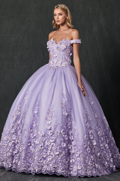 Juliet 1434 3D Floral Applique Off Shoulder Lace-Up Corset Quinceanera Dress