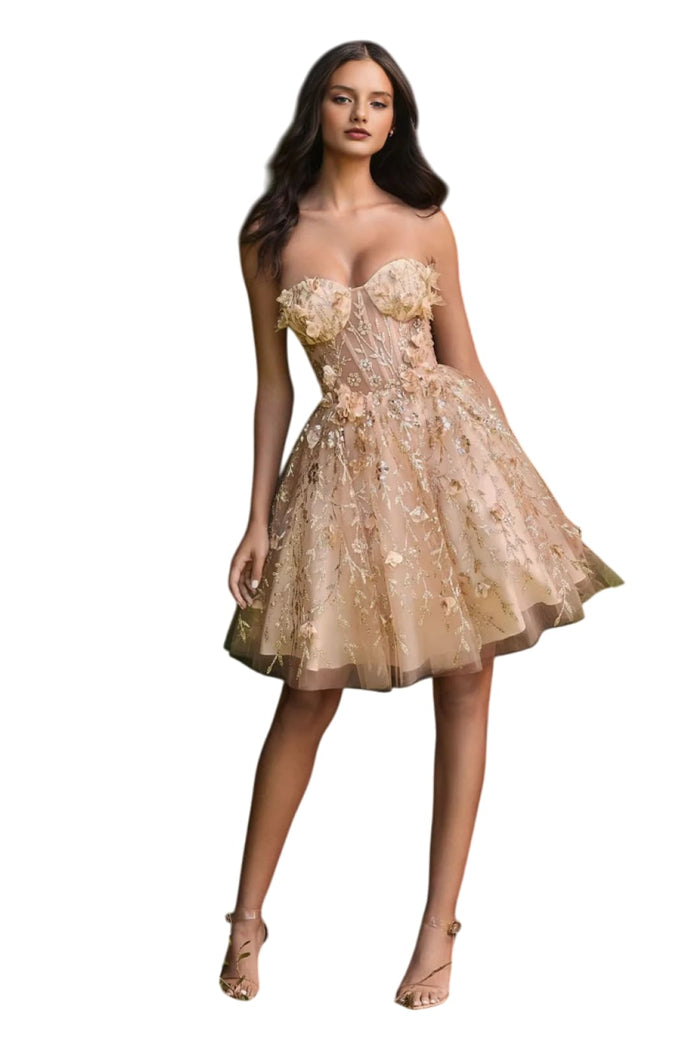 3D Floral Applique Short Sheer Bustier Dress 2025 Elegant Cocktail Gown - CHAMPAGNE / S - Dress