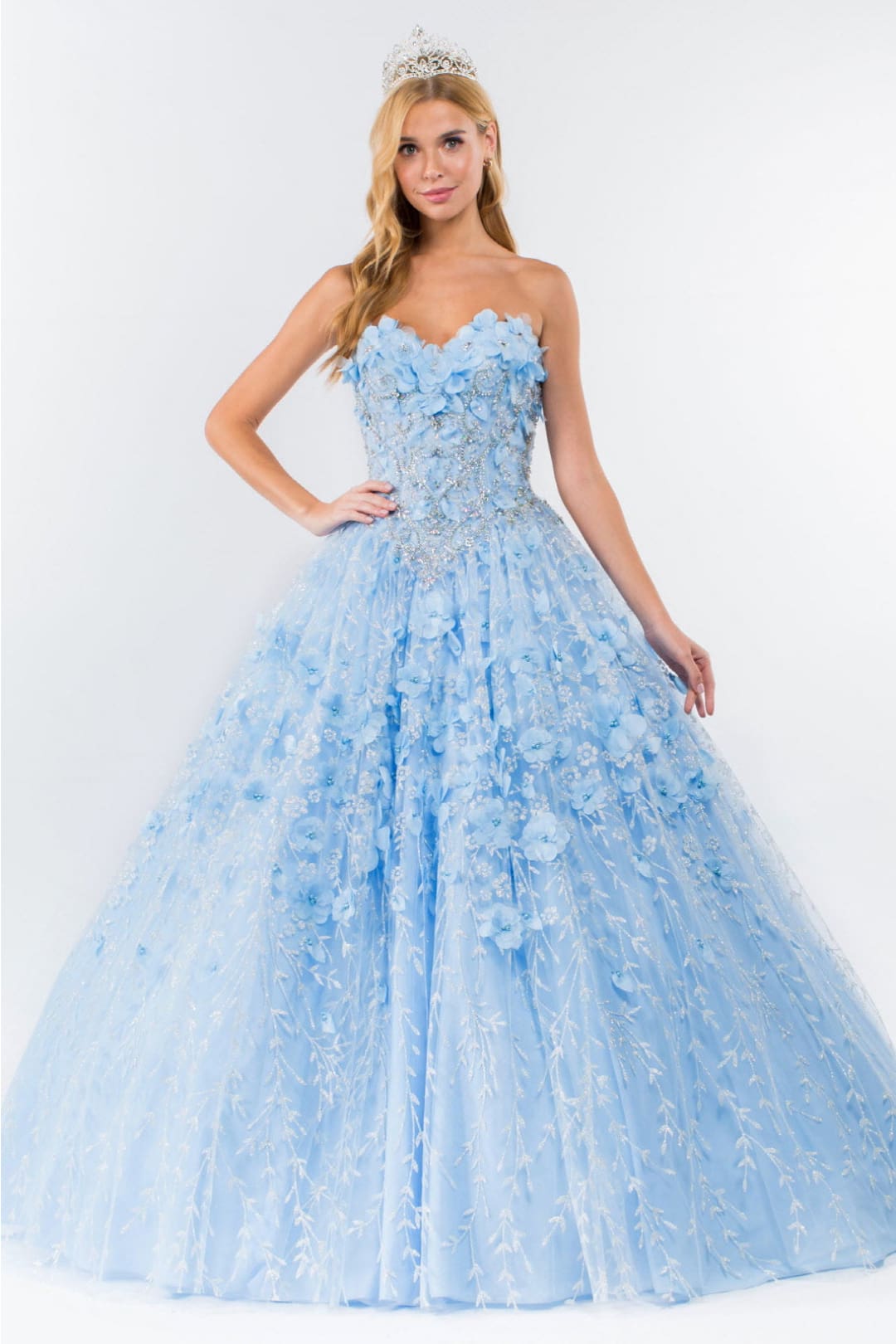 3D Floral Cape Ball Gown by Elizabeth K GL1939 - XS / Baby Blue - Quinceanera Dresses